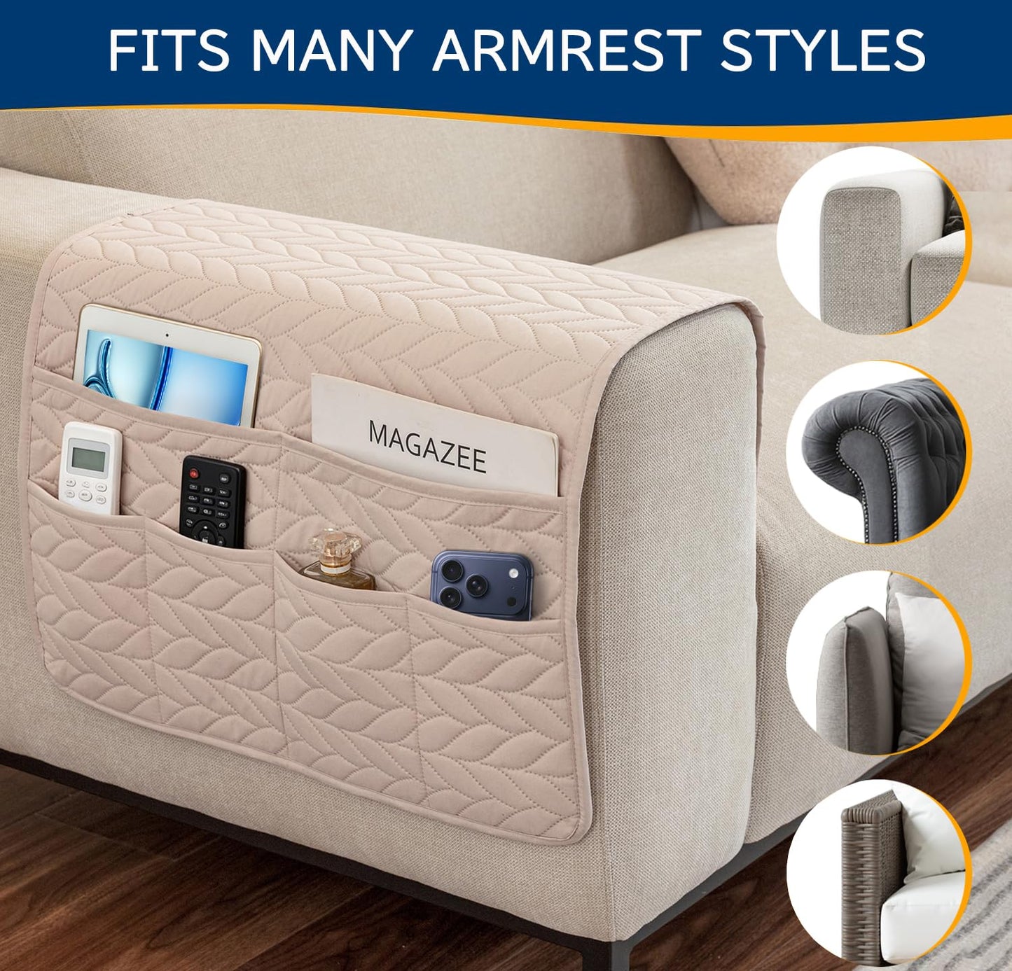 Remote Control Holder for Armchair, Couch Caddy Organizer TV Remote Holder for Recliner Couch With 6 Pockets, Non-Slip Arm Chair Caddy Bedside Table Organizer for Magazine, Tablet, Phone (Off-White)
