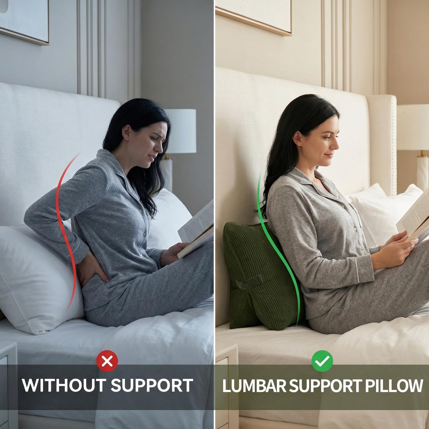 Ailuteie Pat. Pend. Corduroy Ergonomic Lumbar Support Pillow for Sitting Support, Triangle Back Cushion for Sofa, Armchair & Bed, Washable Cover, Avocado Green