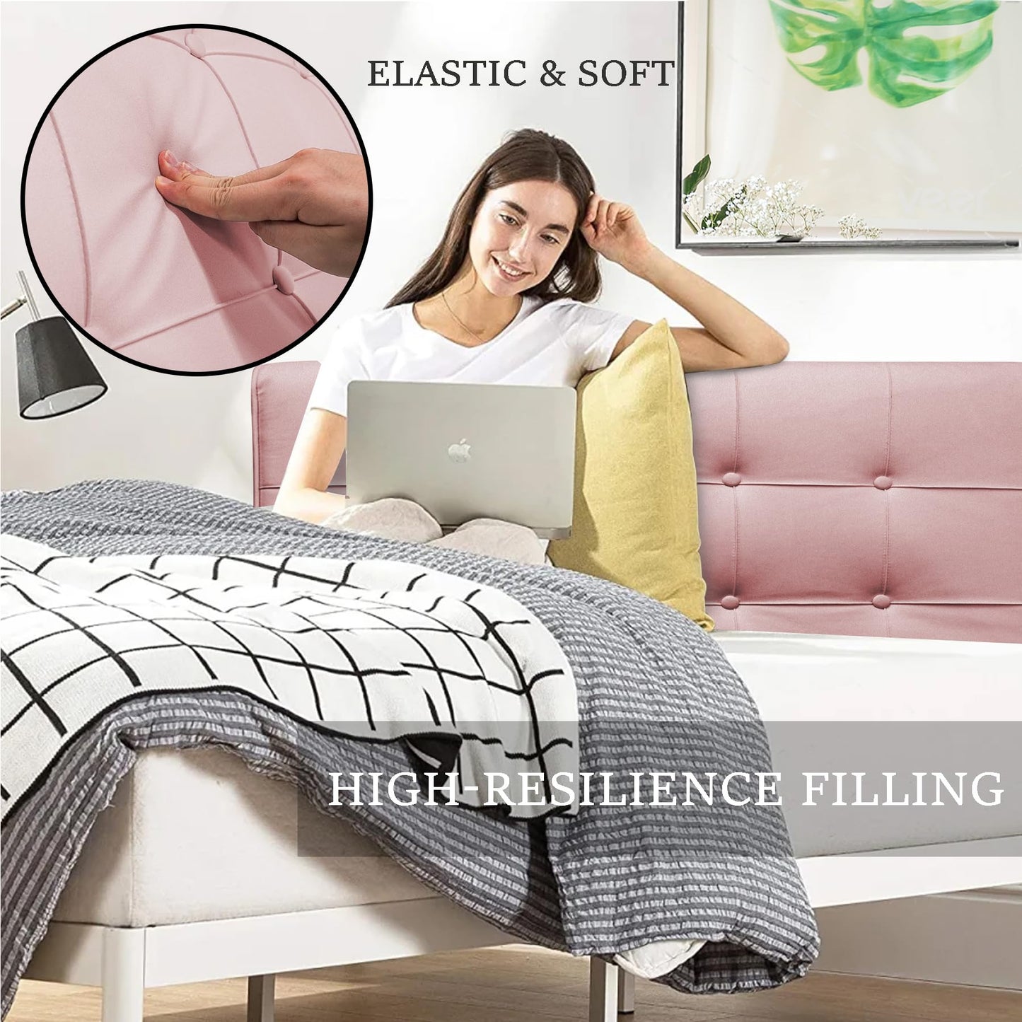 BCU Headboard Pillow Queen Size Upholstered Soft Tufted Headboard Backrest Pillow with Removable Cover for Adjustable Bed Back Support, Pink