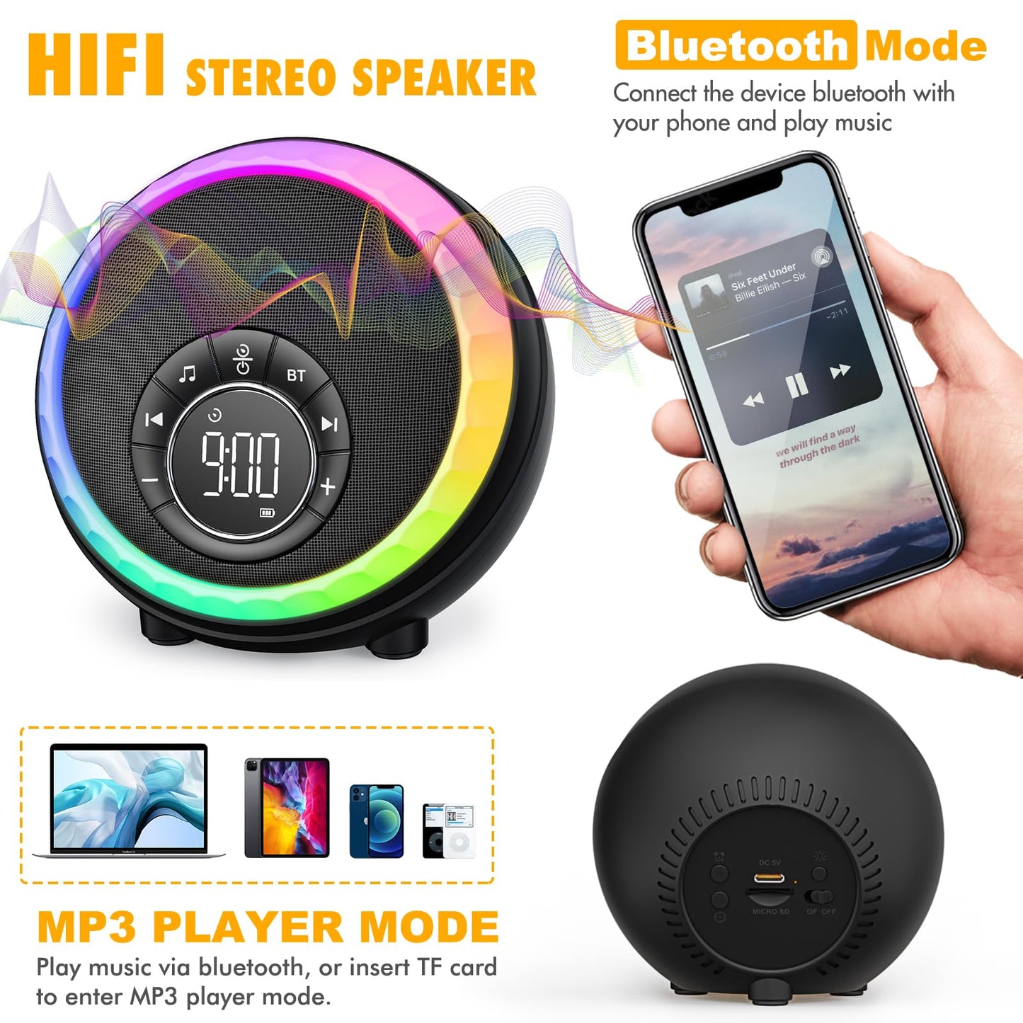 Night Light Bluetooth Speaker Alarm Clock, Portable Sound Machine with White Noise, Touch Bedside Lamp for Bedroom, Dimmable Warm Light, RGB Color Changing, Best Gifts for Teenage Boys Girls