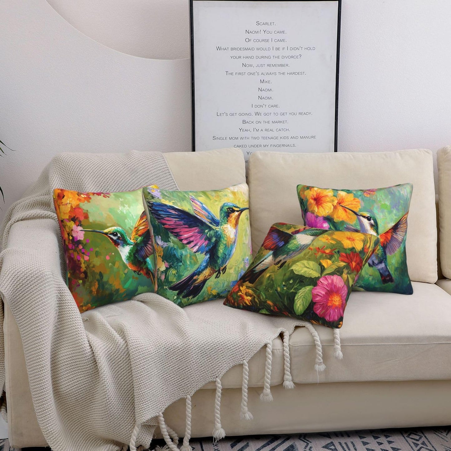 Hummingbird Throw Pillow Covers Set of 4 Decorative Soft Linen Fabric Square Cushion Case for Room Bedroom Sofa Car 18x18