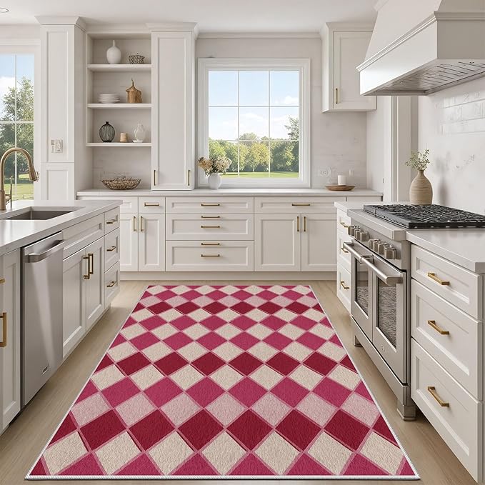 Plaid Rug, Soft Ultra Soft Faux Wool Rhombus Geometric Rugs, Indoor Floor Mats Carpet, Non Slip&Non-Shedding Low Pile Washable Rugs, Modern Red 5x8 Area Rug for Bedroom Home Decor