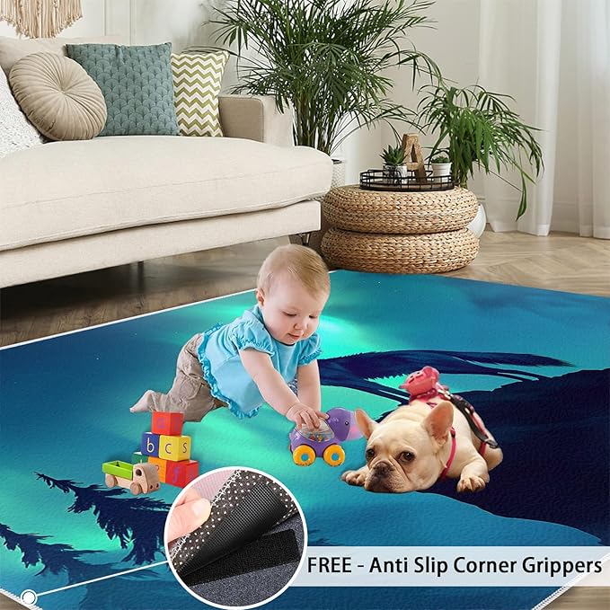 Wolf 5x6 Area Rugs for Living Room -Forest Washable Rug Aurora Non-Slip Carpet Indoor Floor Stain Resistant Thin Carpets for Bedroom Dining Room Home Office