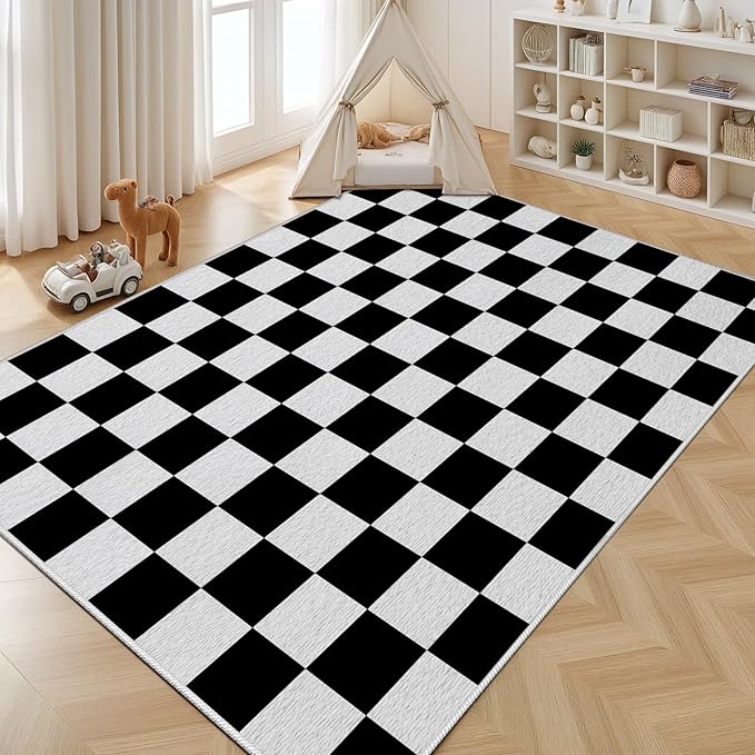 Black and White Checkered Rug for Living Room, 4x5 Area Rugs, Checkered Area Rug, Geometric Plaid Large Rugs, Washable Non Slip Retro Carpet Home Floor Decor