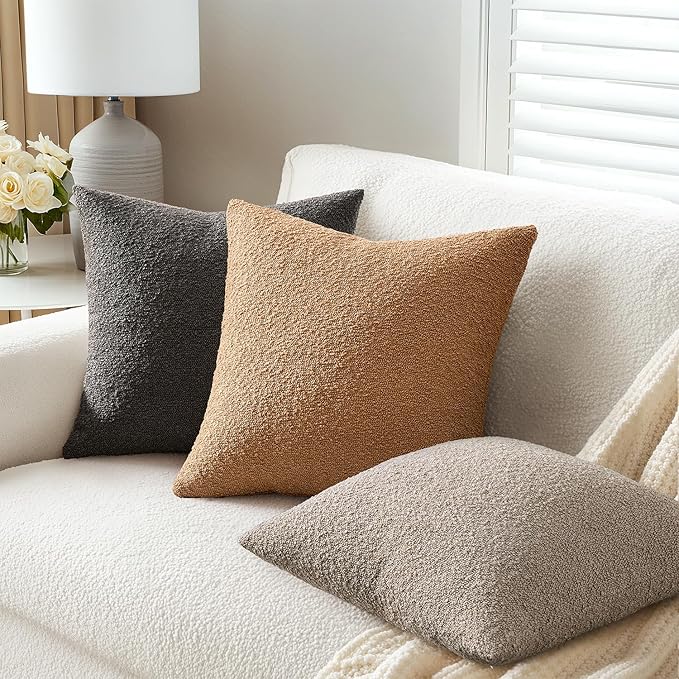 ANRODUO Pack of 2 Textured Boucle Throw Pillow Covers Soft Grey Decorative Accent Solid Pillow Cases Cozy Modern Couch Cushion Case for Chair Sofa Bedroom Living Room Home Decor, 18 x 18 Inch