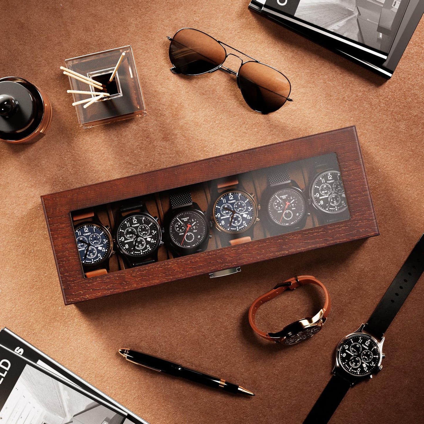 ProCase Wooden Watch Box for Men, 6 Slot Watch Display Case Mens Watch Box Organizer, Wood Watch Case for Men Watch Storage, Watch Holder Organizer with Glass Lid -6 Slot, Espresso