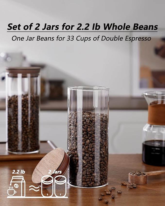 BOILMERIT 2PCS of 50floz Round Coffee Canister with Wooden Lids, Airtight Glass Coffee Jars for Ground Coffee, Coffee Beans Storage Container