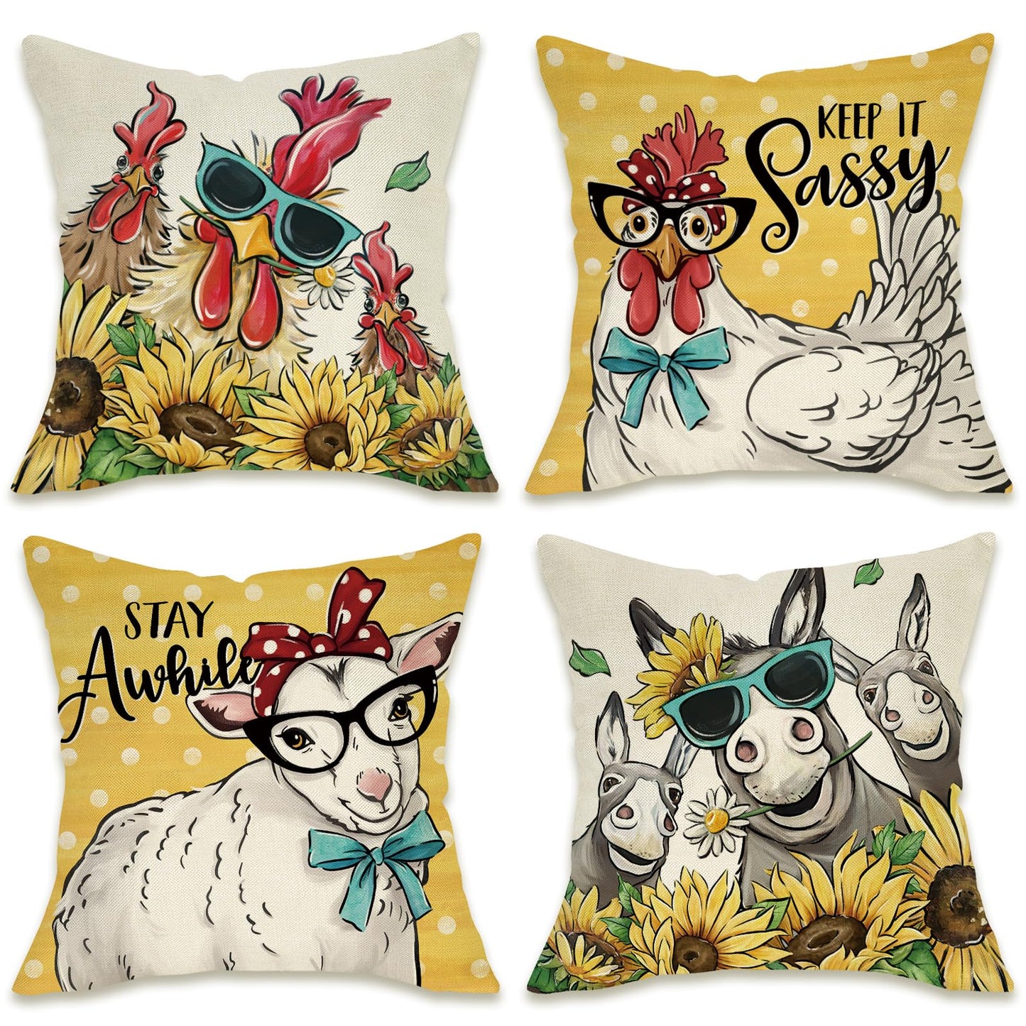 Fahrendom Funny Farm Animals Decorative Throw Pillow Covers 18x18 Set of 4, Spring Summer Rooster Sheep Donkey Sunflower Outdoor Pillowcase, Keep It Sassy Stay Awhile Fall Cushion Case Home Decor