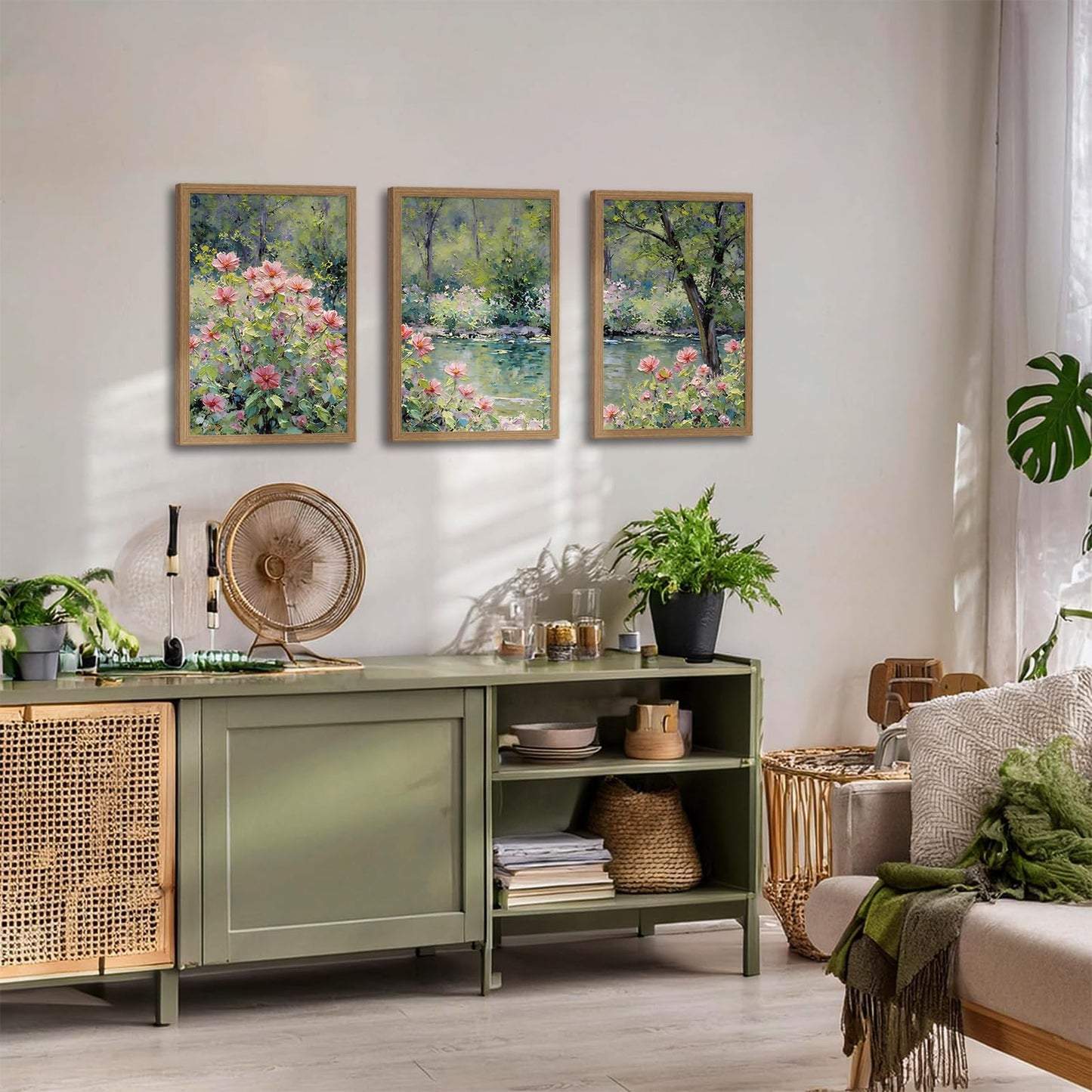 3pcsmonet Framed Wall Art,Retro Floral Gardencanvas Painting, Pink Flowers By Lake Painting, Nature Poster Wall Decor For Living Room Bedroom Office, Ready To Hang 12x16in