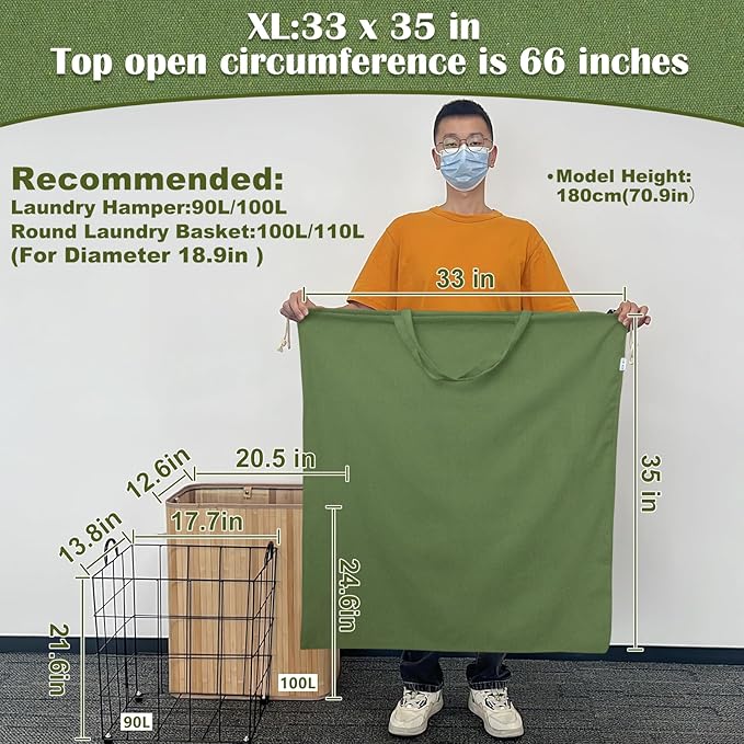 Canvas Laundry Bag 33"x 35", Thick Cotton Laundry Bag with Handles & Drawstring, Extra Large Heavy Duty Washable Basket Liner Hamper Liner Canvas Storage Sack (XL ArmyGreen)
