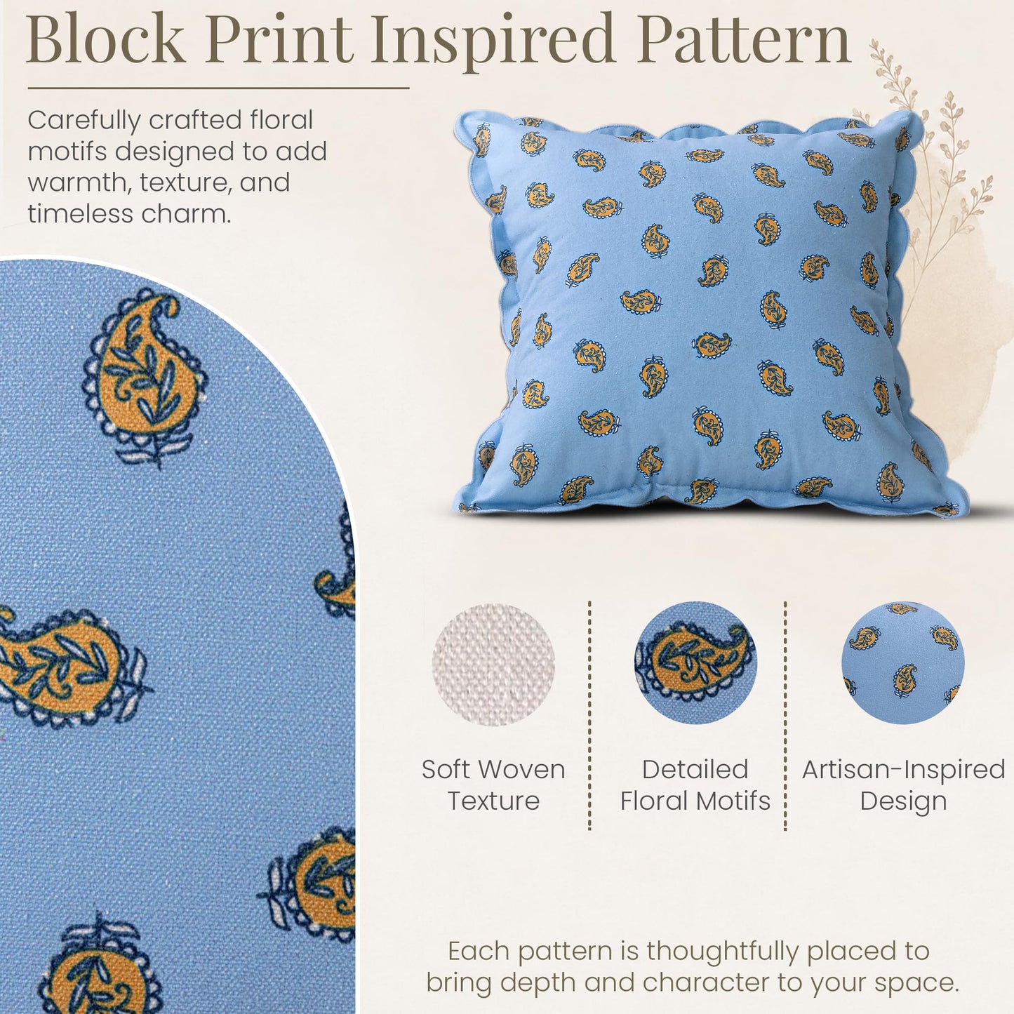 DrapePalette - Scalloped Throw Pillow Covers with Block Print Floral Patterns and Hidden Zipper - Blue Paisley, 20 x 20 Inches Pack of 1 - Soft Indoor Pillow Case for Livingroom, Bedroom, or Lounge