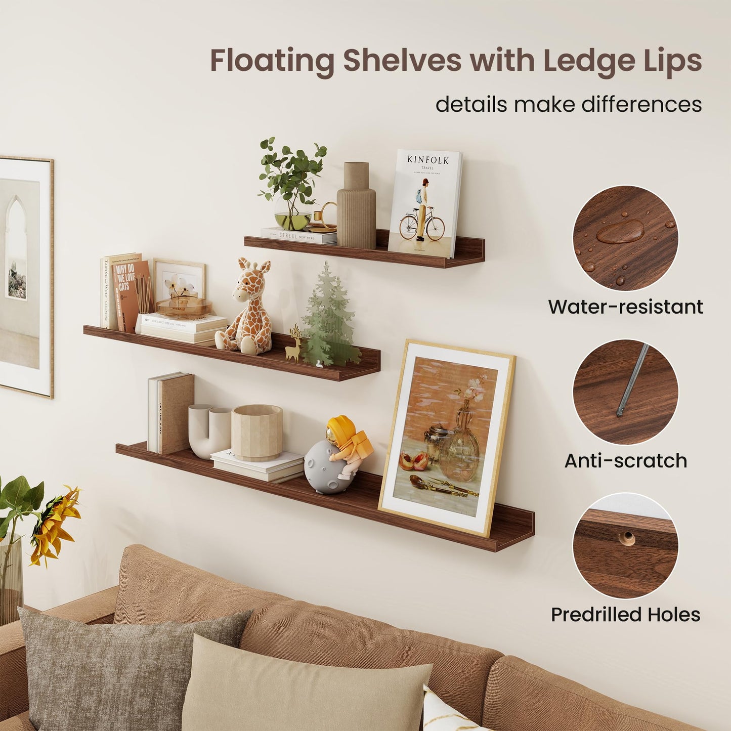 Axeman Picture Ledge Shelf | 16 Inch Walnut Floating Shelves Set of 3 | Rustic Wood Wall Shelves with Lip | 16" Walnut Picture Shelf for Wall with Ledge | Photo Shelves
