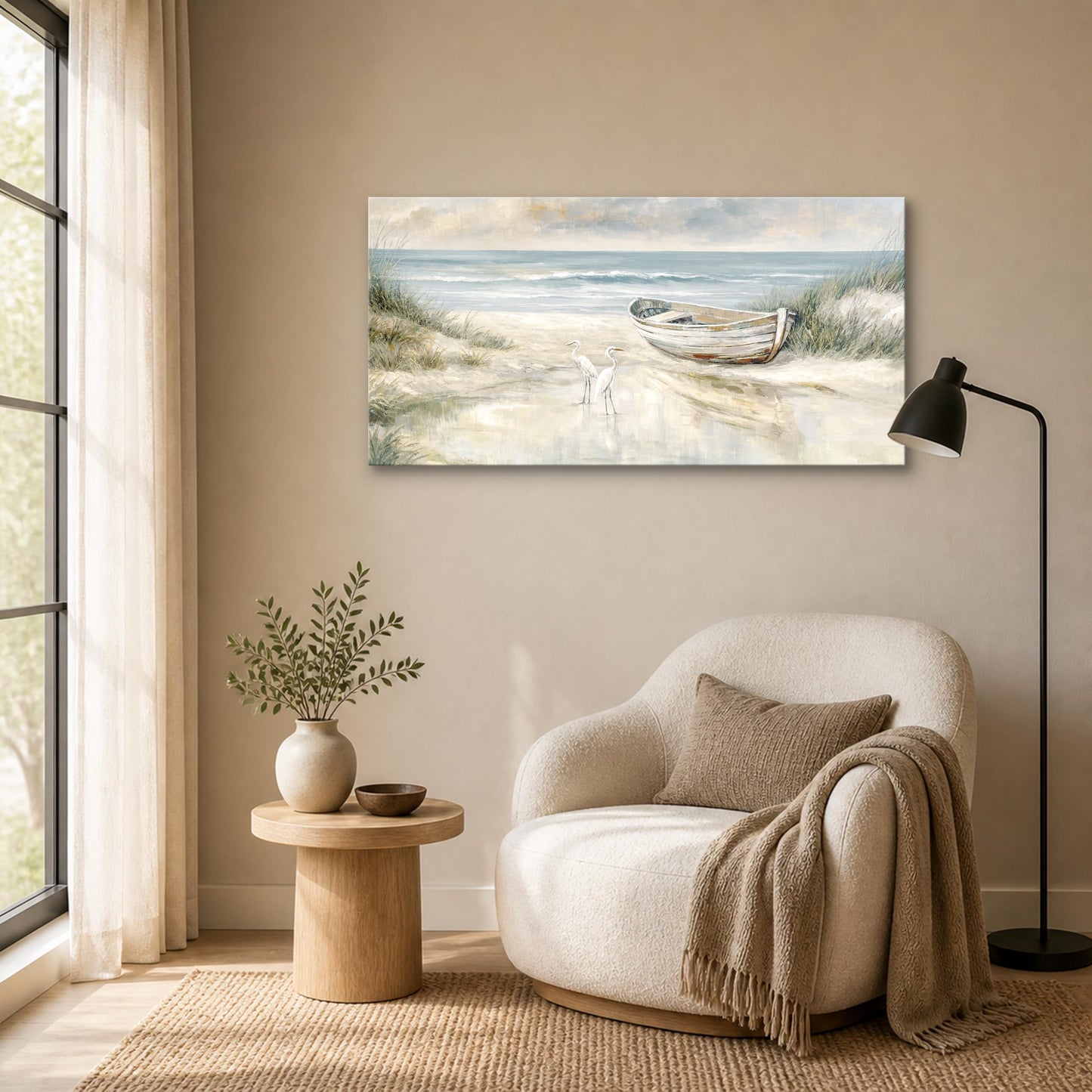 SENROLAN Coastal Wall Art for Living Room, Horizontal Seascape Canvas Wall Art with Boat and Birds, Neutral Ocean Picture for Bedroom, Large Beach Wall Decor, Ready to Hang, 24x48 Inch
