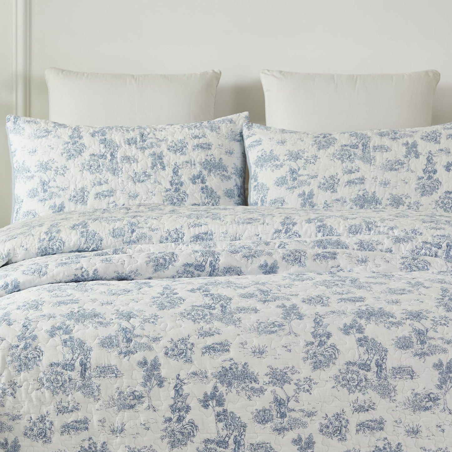 Brandream Quilted Pillow Shams Set of 2 Standard Size Cotton Pillow Cases Toile Bedding Blue and White Decorative Pillow Covers