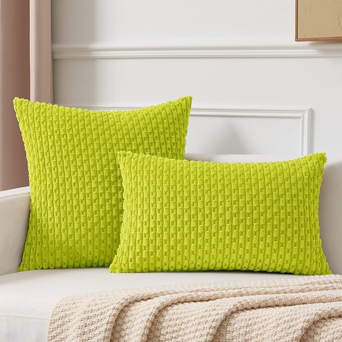 Kevin Textile Decorative Pillow Covers Set of 2 Striped Plush Corduroy Pillows Pillowcases Boho Home Decor Cushion Covers for Couch Sofa Bed Living Room 16x16 Inch, Christmas Green