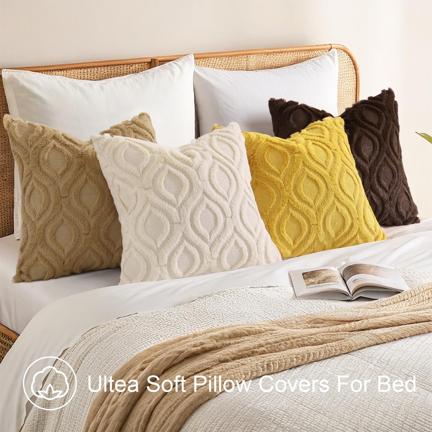 decorUhome Throw Pillow Covers 12x20 Inch Set of 2, Soft Plush Faux Wool Mustard Yellow Solid Couch Pillow Covers, Accent Farmhouse Neutral Rectangle Pillow Cases for Sofa Bed Living Room