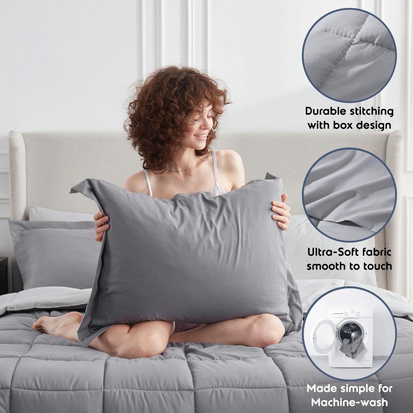 Nestl 7 Piece Queen Comforter Set – Grey Reversible Bed in a Bag – Complete Queen Size Bedding Set with Sheets, Pillowcases and Shams