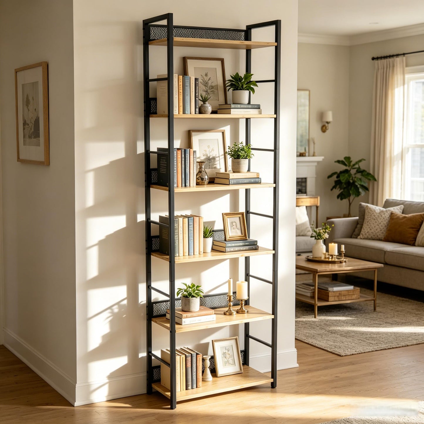 6 Tier Bookshelf，Tall Narrow Bookcase with Metal Guard Panels, Industrial Wood and Metal Display Shelf, Freestanding Storage Rack for Bedroom, Living Room, Home Office，Matte Black， Rustic Brown