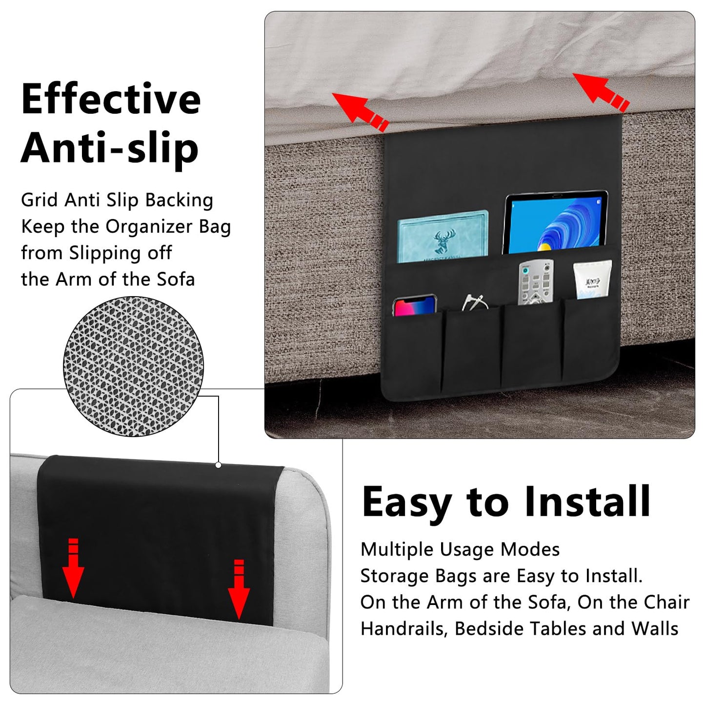 WETRBWEH Non-slip Couch Organizer Armchair Caddy, Oxford TV Remote Control Holder Bedside Caddy with 5 Pockets for Key Glasses Phone Magazine Holders.