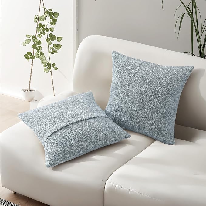 HAUSSY Set of 2 18x18 Decorative Throw Pillow Covers, Soft Cozy Textured Boucle Couch Cases, Home Decor for Couch Bed Living Room, Dusty Blue