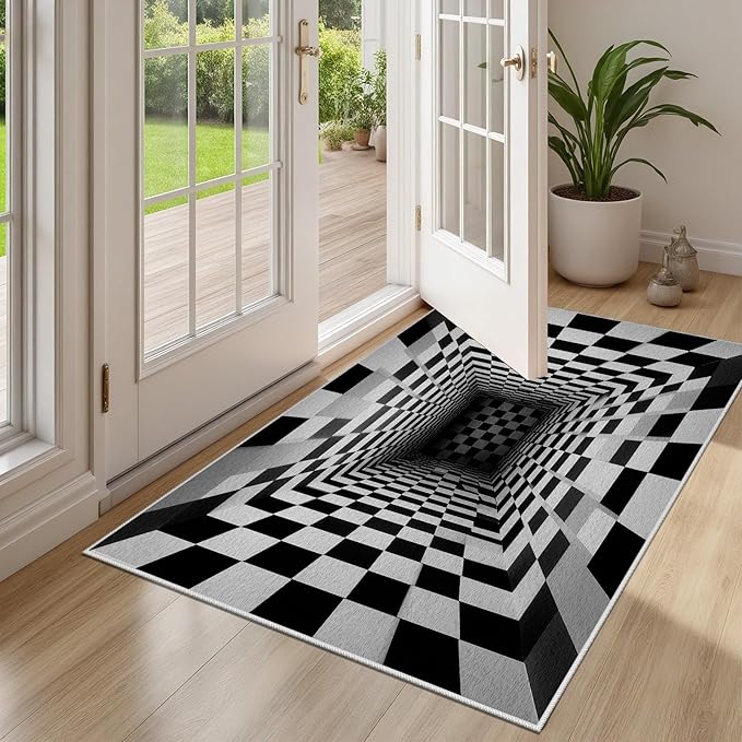 Optical Illusion Rug - Black and White Rug for Living Room, Soft Ultra Soft Faux Wool 3x5 Area Rugs Floor Mats, Non Slip&Non-Shedding Low Pile Checkered Washable Rugs, Abstract Geometric Carpet