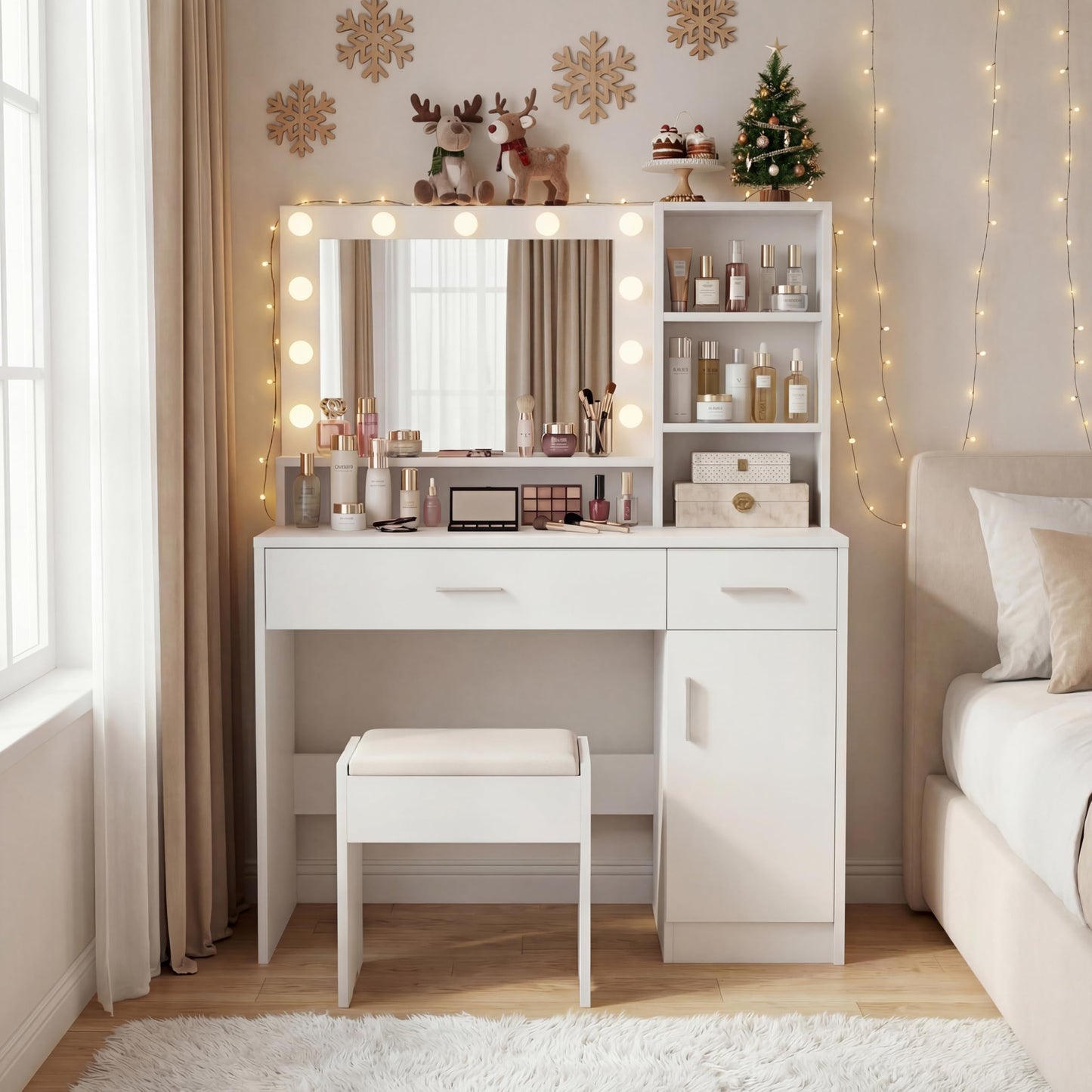 ALAULM Makeup Vanity with Storage Stool, Vanity Desk with Furniture Shelves and 1 Cabinet, 3 Lighting Modes with Adjustable Brightness, Vanity with Backplane Cable Hole for Bedroom, White