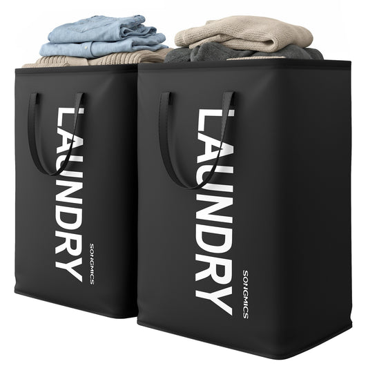 SONGMICS Laundry Hamper, 21.1-Gallon (80 L) Laundry Basket with Handles, Water-Repellent Storage Basket for Laundry Room, Bedroom, Bathroom, Foldable, Set of 2, Ink Black URLH002BH01