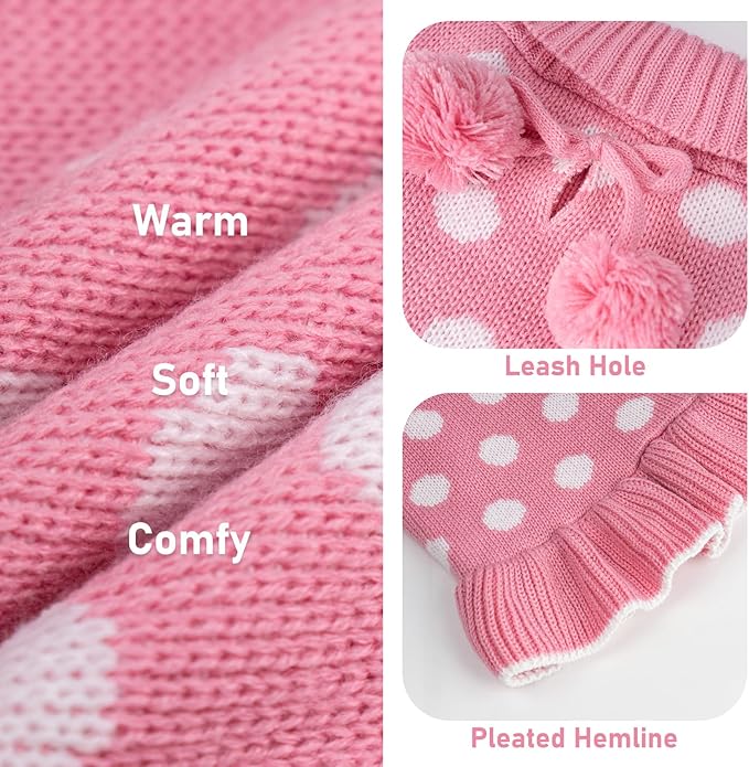 KYEESE Valentines Dog Sweater Dress, Warm Dog Sweaters for Small Dogs Girl Dogs Clothes, Pullover Cozy Knit Pet Apparel with Leash Hole, Pink Dot, L