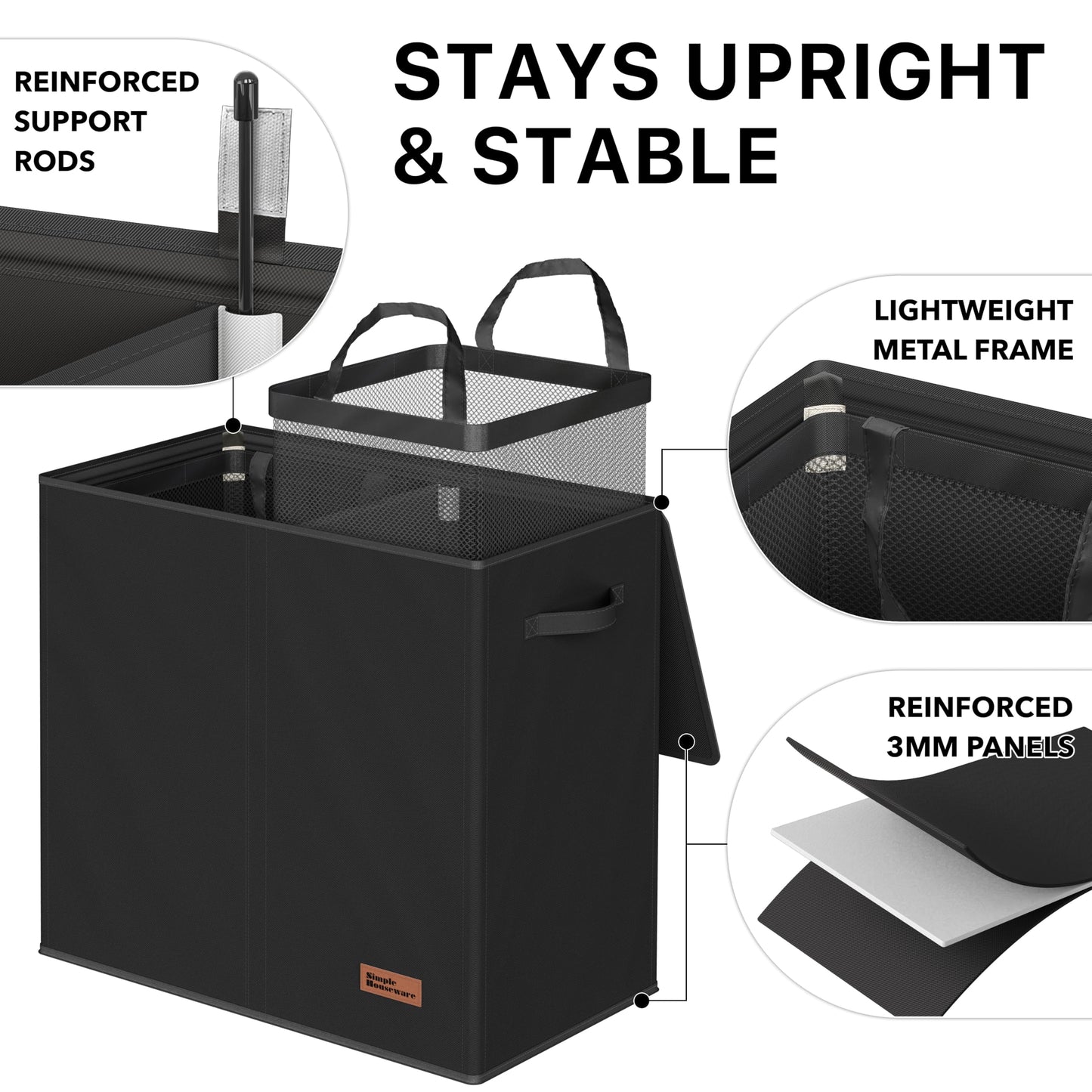 Simple Houseware Double Laundry Hamper with Lid and Removable Bags, Black