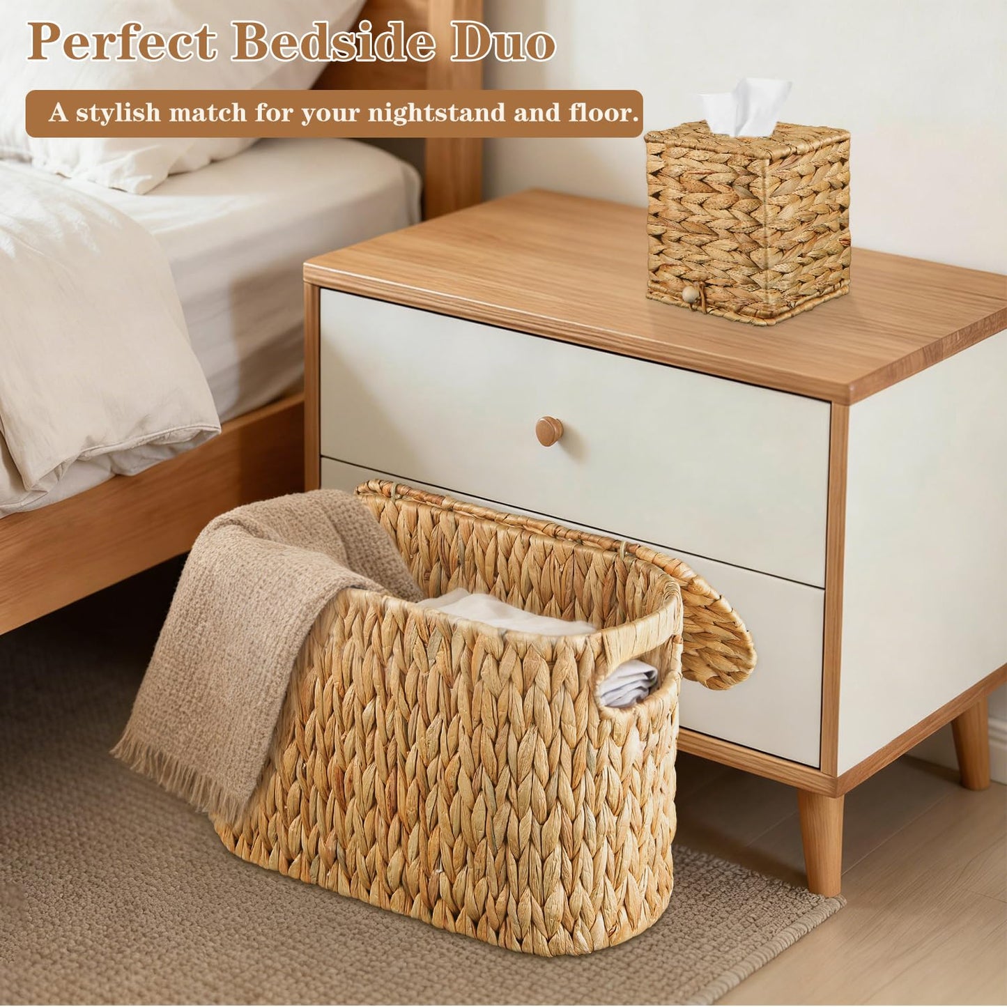 BIBELUN 2-Piece Water Hyacinth Bathroom Storage Basket Set, Hand-Woven Wicker Slim Toilet Paper Holder with Lid for 6 Mega Rolls, Square Tissue Box Cover, Decorative Rustic Boho Basket for Organizers