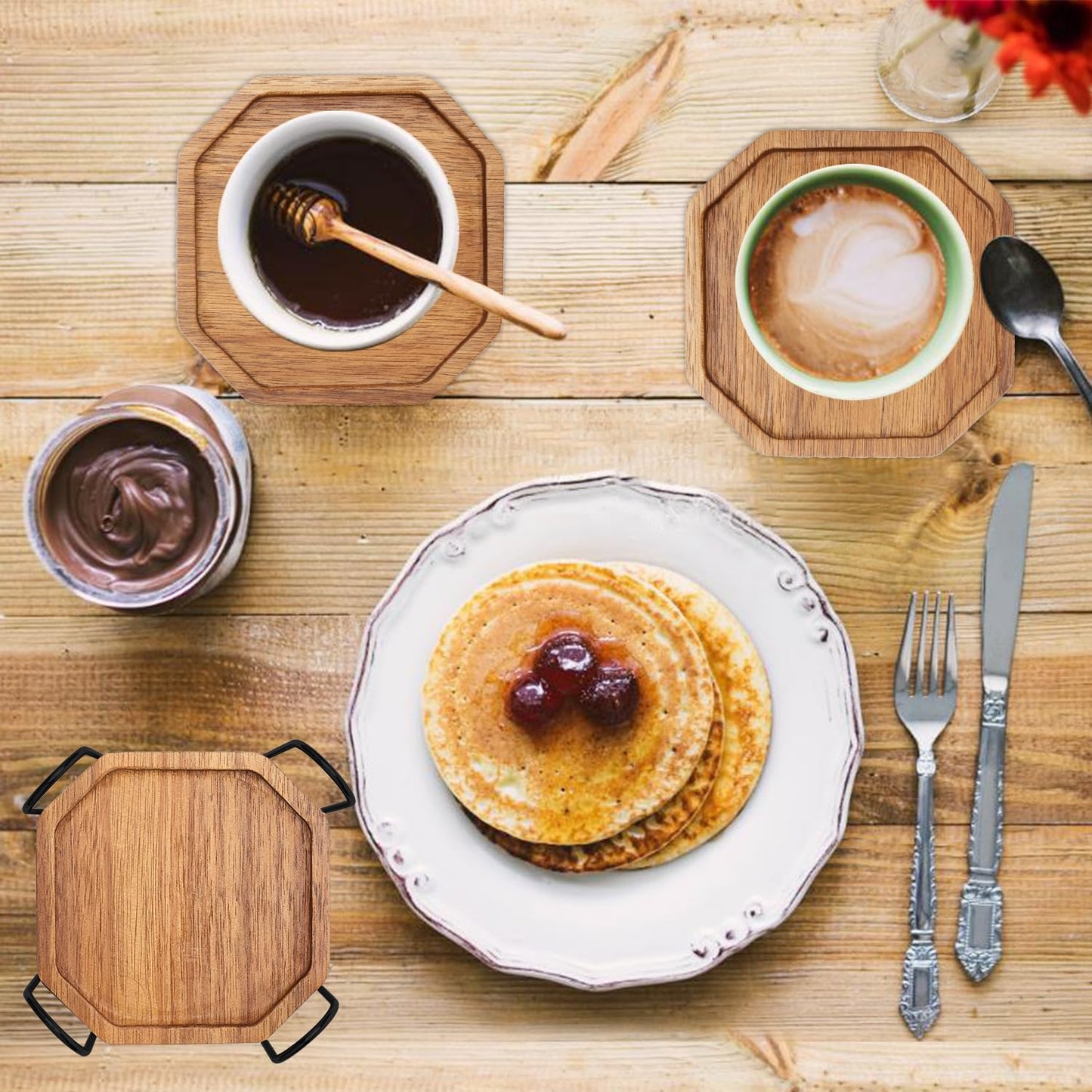 Cute Rustic Farmhouse Wooden Cup Coaster Set of 6 Cool Bar Drink Coasters with Holder Acacia Wood Coasters for Coffee Table Desk Decorative Outdoor Modern Coaster Home Decor Beverage Accessories Gift