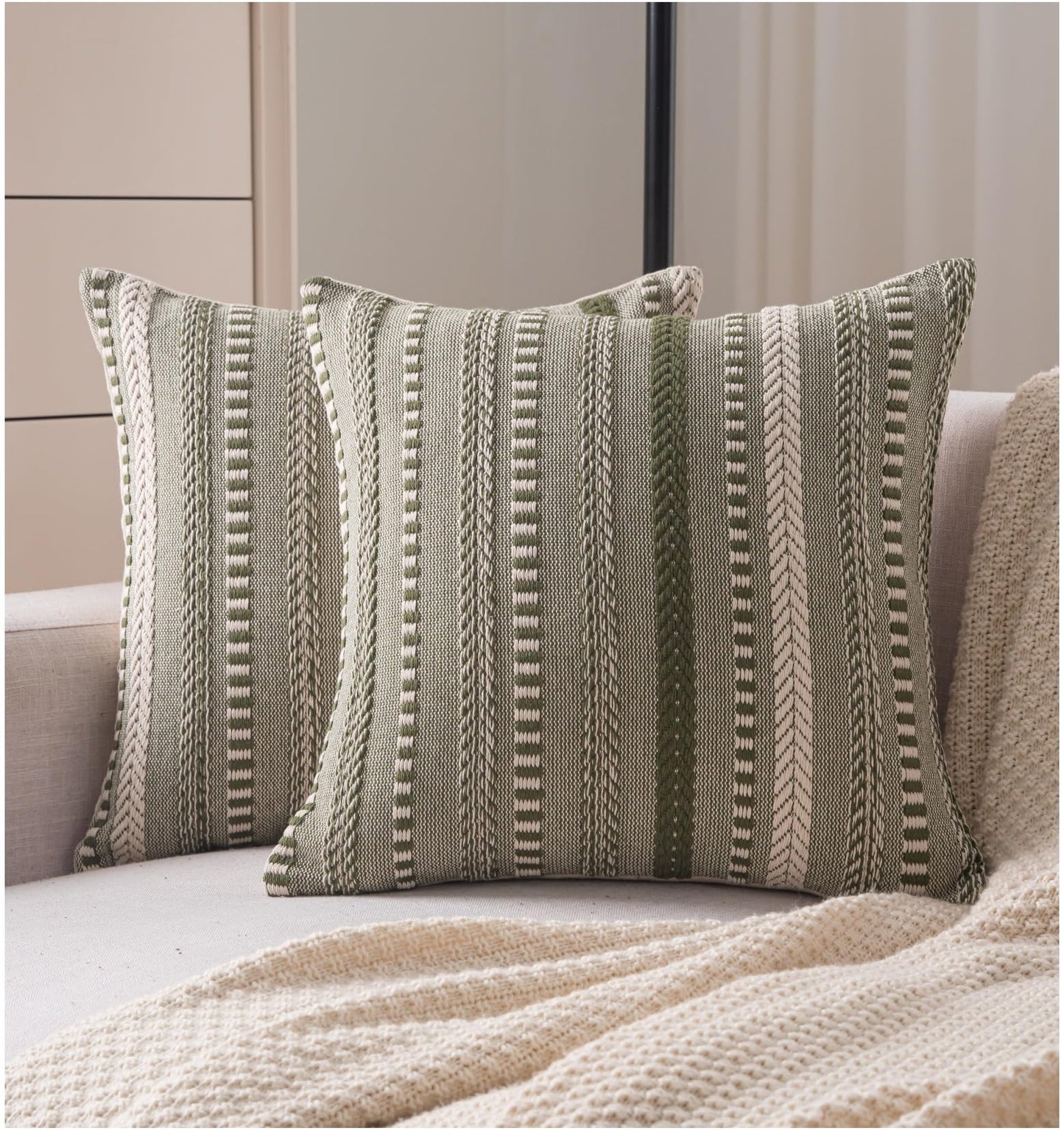 Cethom Boho Throw Pillow Covers 18x18 Inch Set of 2, Farmhouse Decorative Couch Pillow Cases, Green Accent Pillows of Bed, Sofa Bedroom Living Room Home Decor Cushion Cover