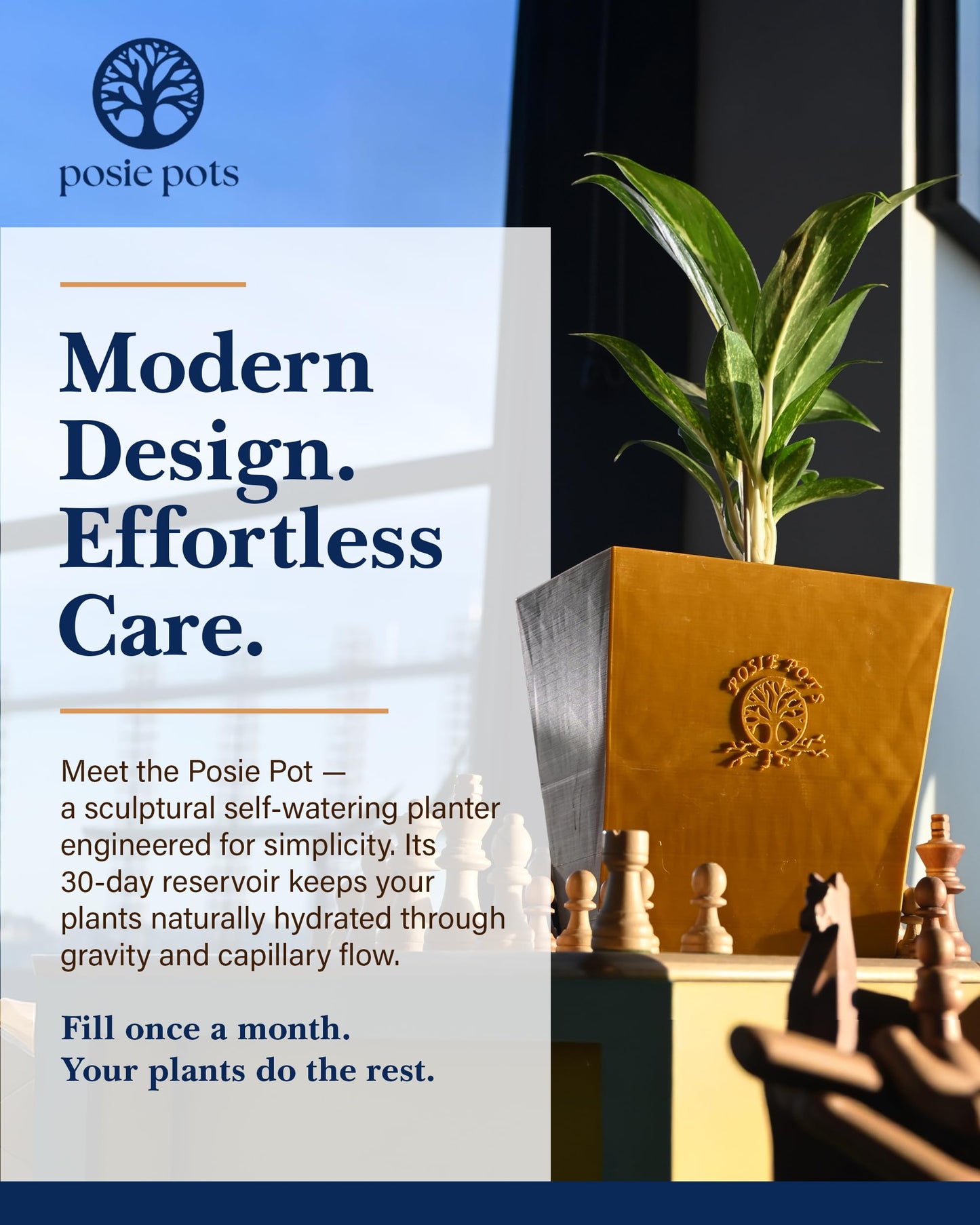 POSIE3DPRINTS Posie Pot Medium Twisted Square - Self Watering Planter 5x5 Inch - Indoor Plant Pot with 30 Day Reservoir - 3D Printed Bioplastic - No Guilt Plant Care - Made in USA, Gold