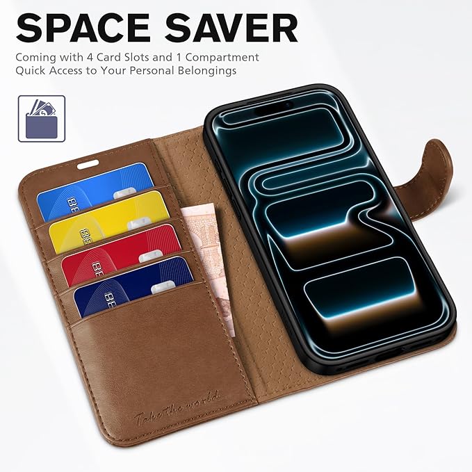 TUCCH Wallet Case for iPhone 17 Pro Max (6.9") 2025, 4 Card Slots | RFID Blocking | Stand | PU Leather | Magnetic Closure | Protective Flip Folio Cover | Shockproof TPU Shell | Brown