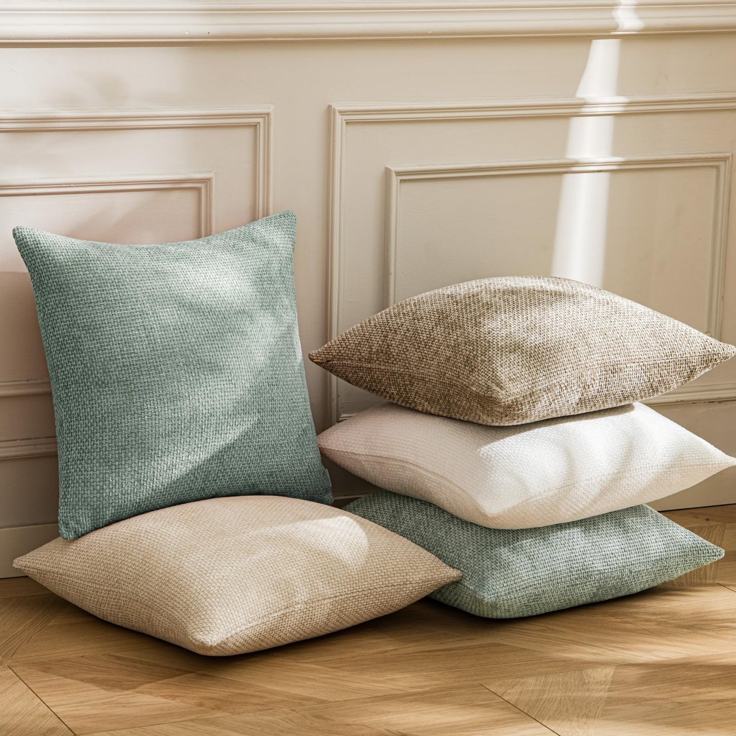 a moment Light Green Chenille Throw Pillow Covers 20x20 Inch Pack of 2 Modern Decorative Throw Pillow Covers Farmhouse Cross Covers Home Decor for Sofa Bedroom Living Room Spring