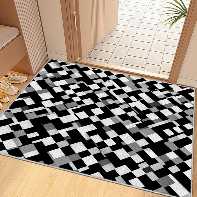 Black White and Grey Rug - Geometric Area Rug, Area Rugs 5x6, Modern Abstract Rugs, Irregular Block Splicing Carpet Washable Non Slip Home Decor Carpet for Living Room