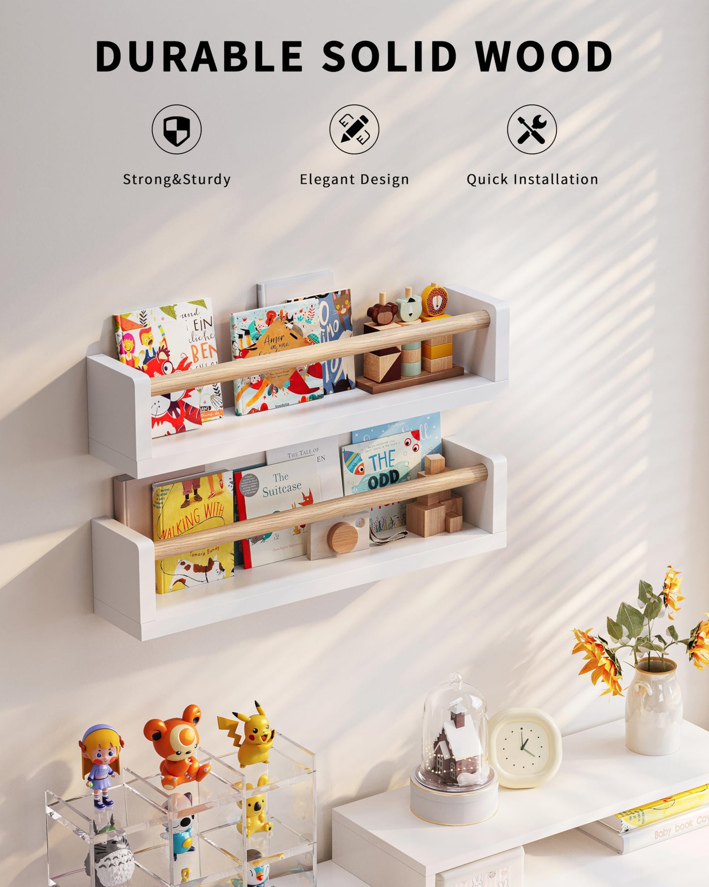 Seocry Nursery Book Shelves, 4 Pack, Wall Book Shelves for Kids Room, Baby, Toddler, Nursery Decor (White Wood, 16.5 Inches)