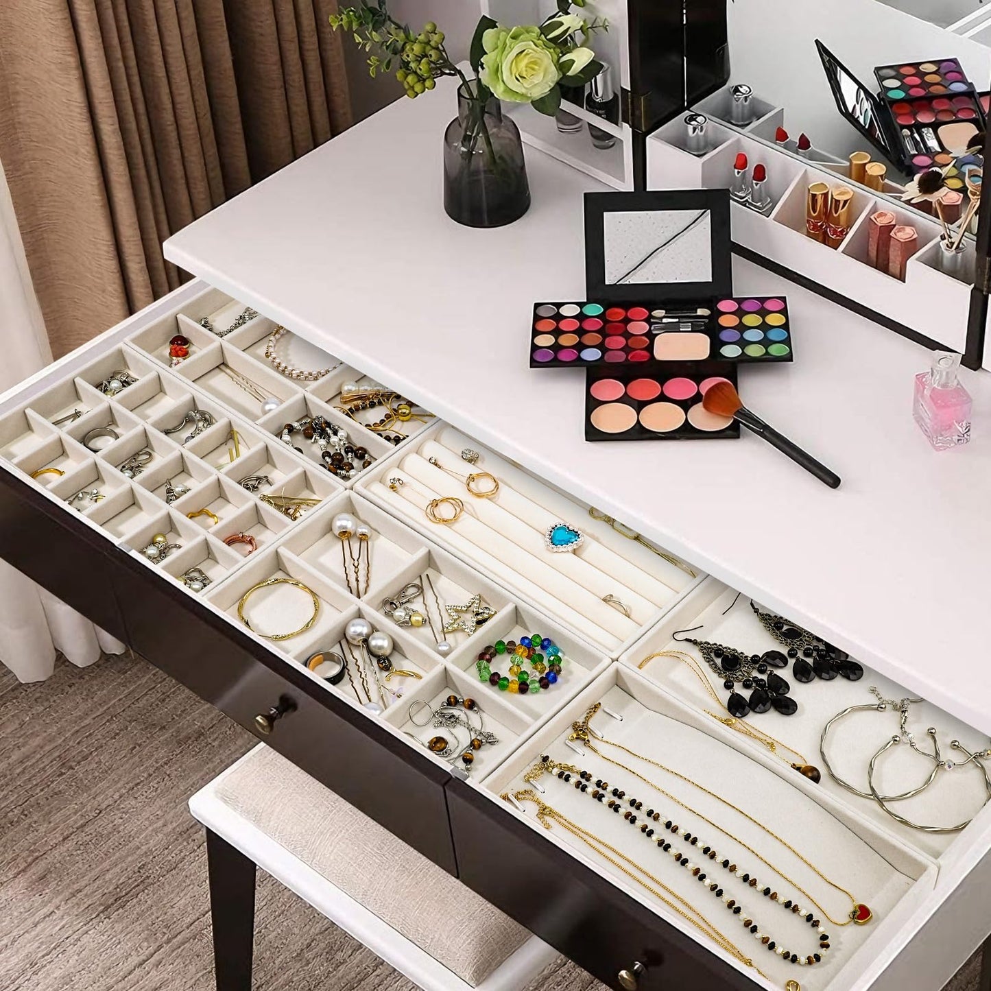 Dntorx Stackable Jewelry Organizer Trays, 6 Set of Velvet Jewelry Drawer Insert Sets Organizer Trays Jewelry Display Case Storage with Removable Dividers for Earring Necklace Rings Bracelet（Beige）