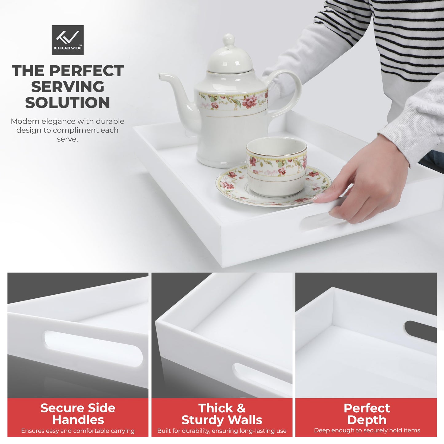 White Tray 16×12" with Cut Handles - Spill Proof Decorative Tray is an Ideal Countertop Organizer for Living Rooms, Ottoman Coffee Tables, Offices, Kitchens & Serving Guests