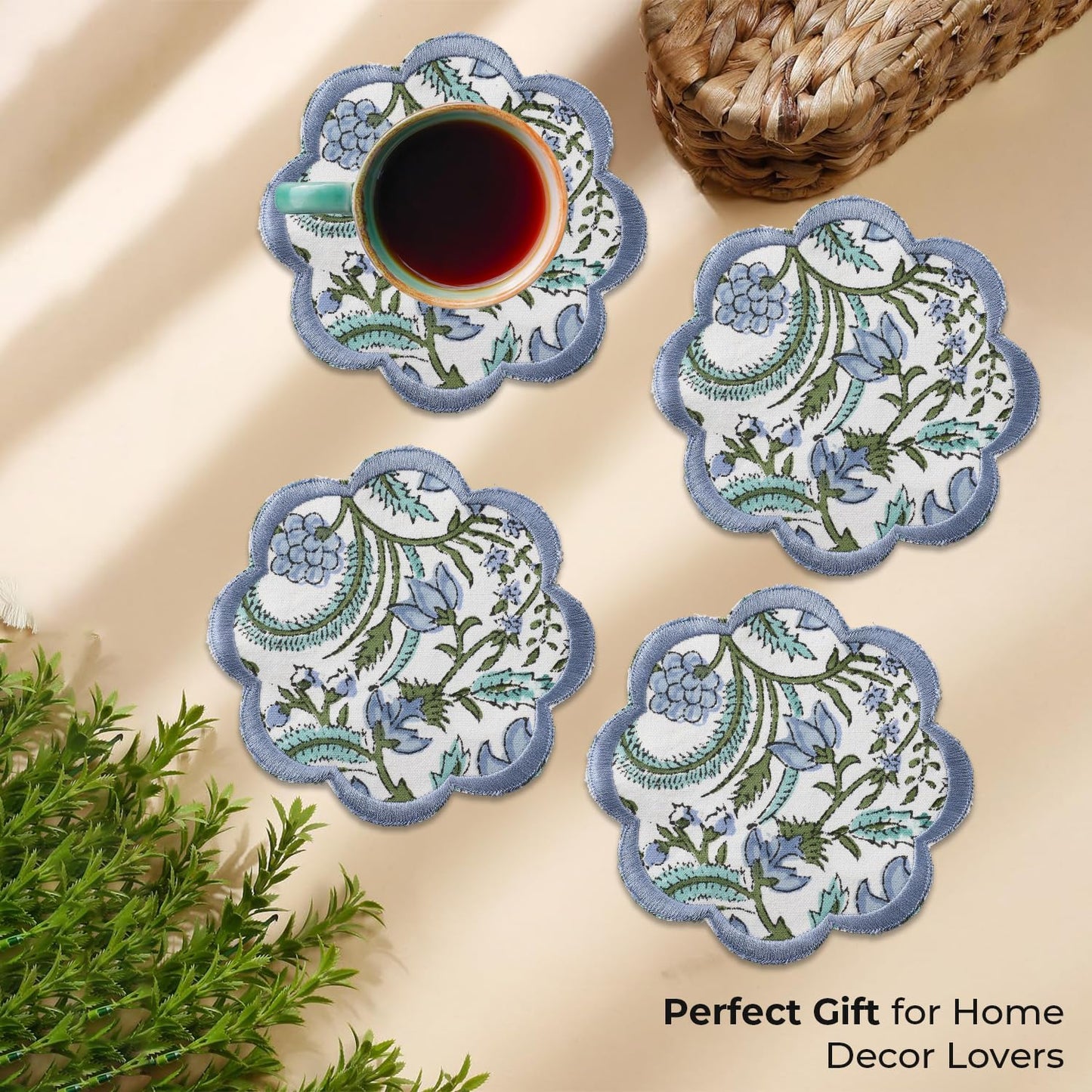 Ridhi Hand Block Print 8- pcs Canvas Cotton Drink Absorbent Stylish Embroidery Scallop Coaster Set Boho Modern Home Decor and Wooden Table Protection 5 inch Columbia Blue
