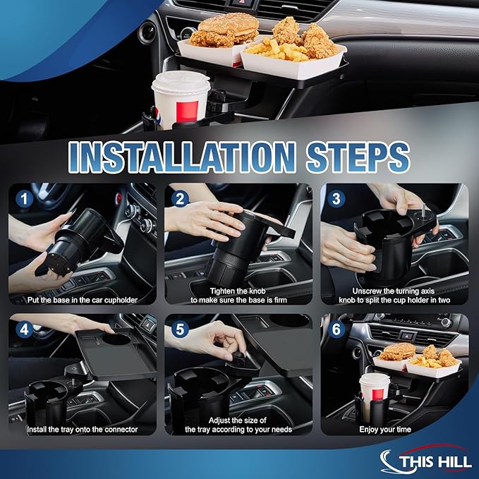 This Hill Cup Holder Tray for Car, 2 in 1 Detachable Car Food Table Tray with Solid Base & Phone Slot,Car Cup Holder Expander with 360°Rotation Tray for Travel Road Essentials