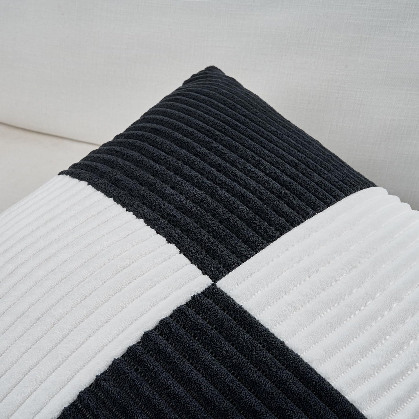 Fancy Homi Set of 2 Black White Decorative Throw Pillow Covers 20x20 Inch for Living Room Couch Bed Sofa, Farmhouse Boho Home Decor, Soft Cross Corduroy Patchwork Accent Square Cushion Case 50x50 cm