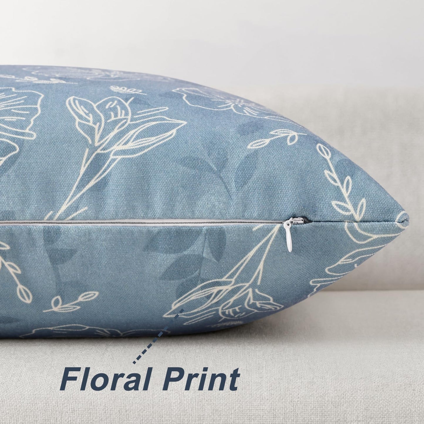 decorUhome Floral Botanical Pillow Covers 18x18 Set of 2, Faux Linen Decorative Throw Pillow Covers with White Line Flower Print for Couch Sofa Bed, Blue