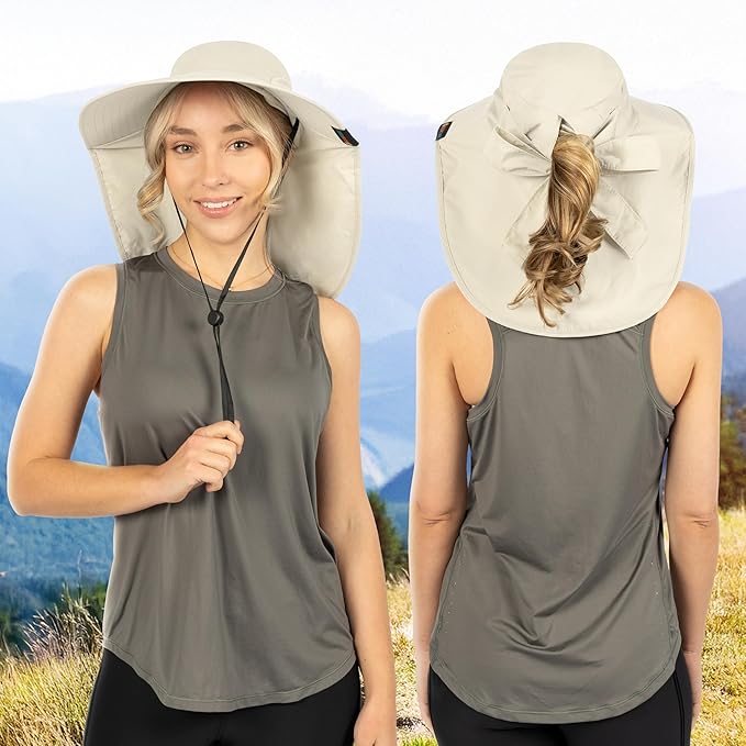 SUN CUBE Wide Brim Sun Hat with Neck Flap, UPF50+ Hiking Safari Fishing Hat for Men Women, Sun Protection Beach Hat