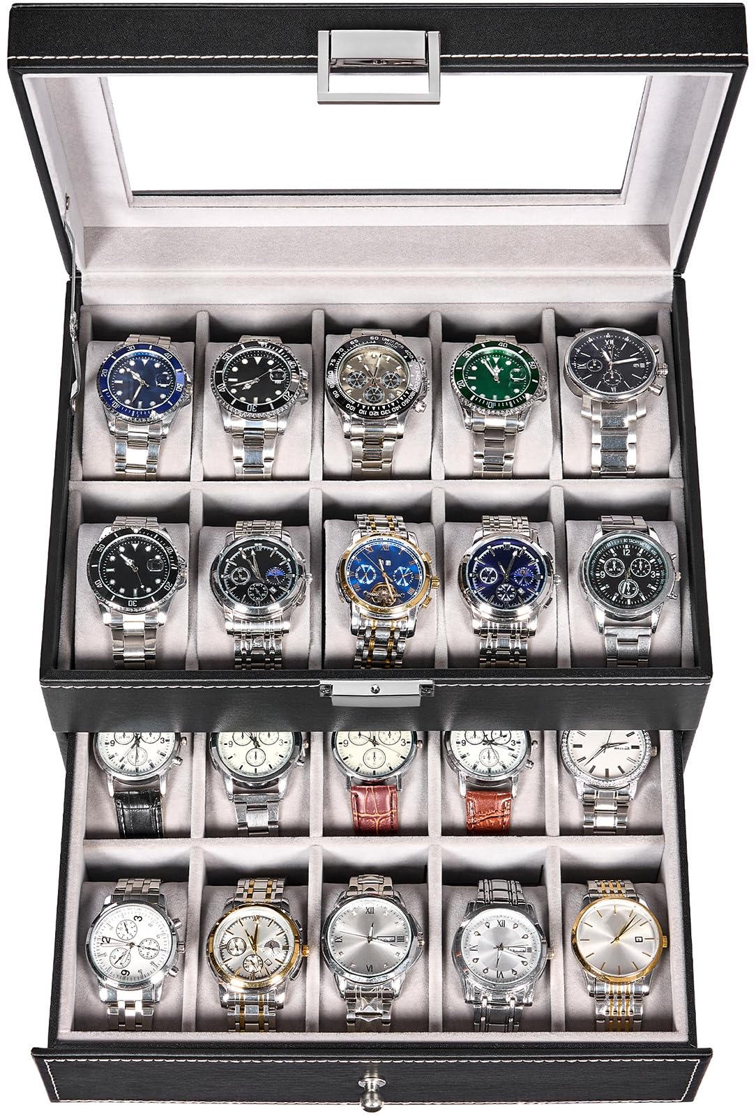 BEWISHOME Watch Case, 20-Slot Watch Box Organizer for Men Watch Case with Large Glass Lid Watch Travel Case Removable Watch Pillows, Mens Jewelry Box Watch Display Case, Watch Storage, Black SSH04B