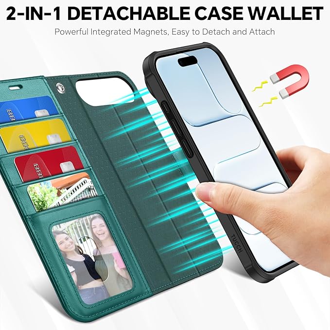 TUCCH 2-in-1 Removable Case Wallet for iPhone Air (6.5") 2025, Detachable Wrist Strap, 4 Card Holders RFID Blocking, Wireless Charging, Stand, Magnetic, PU Leather Shockproof Cover, Bluish Green