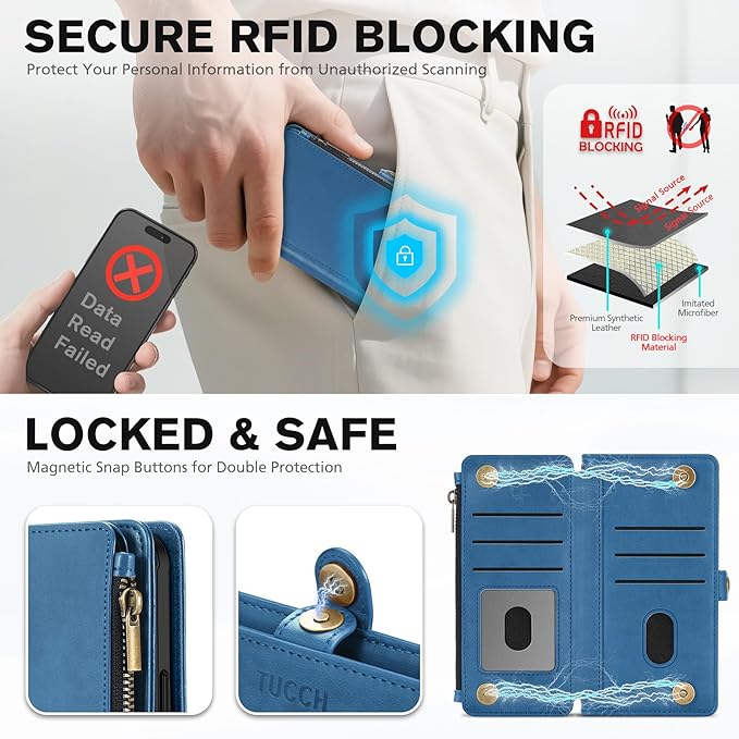 TUCCH Removable Crossbody Case Wallet for iPhone 17 Pro Max 6.9" 2025, Wireless Charging, RFID Blocking 10 Card Slots, Lanyard, Wrist Strap, Zipper Pocket, PU Leather, Stand Magnetic Cover, Light Blue