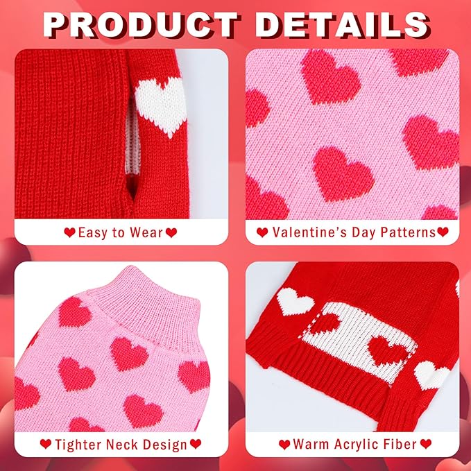 GOYOSWA 2 Pack Valentine Dog Sweater Dog Valentines Clothes Outfit Knitted Heart Sweater for Small Medium Large Dogs Pets (Red & Pink, Small)