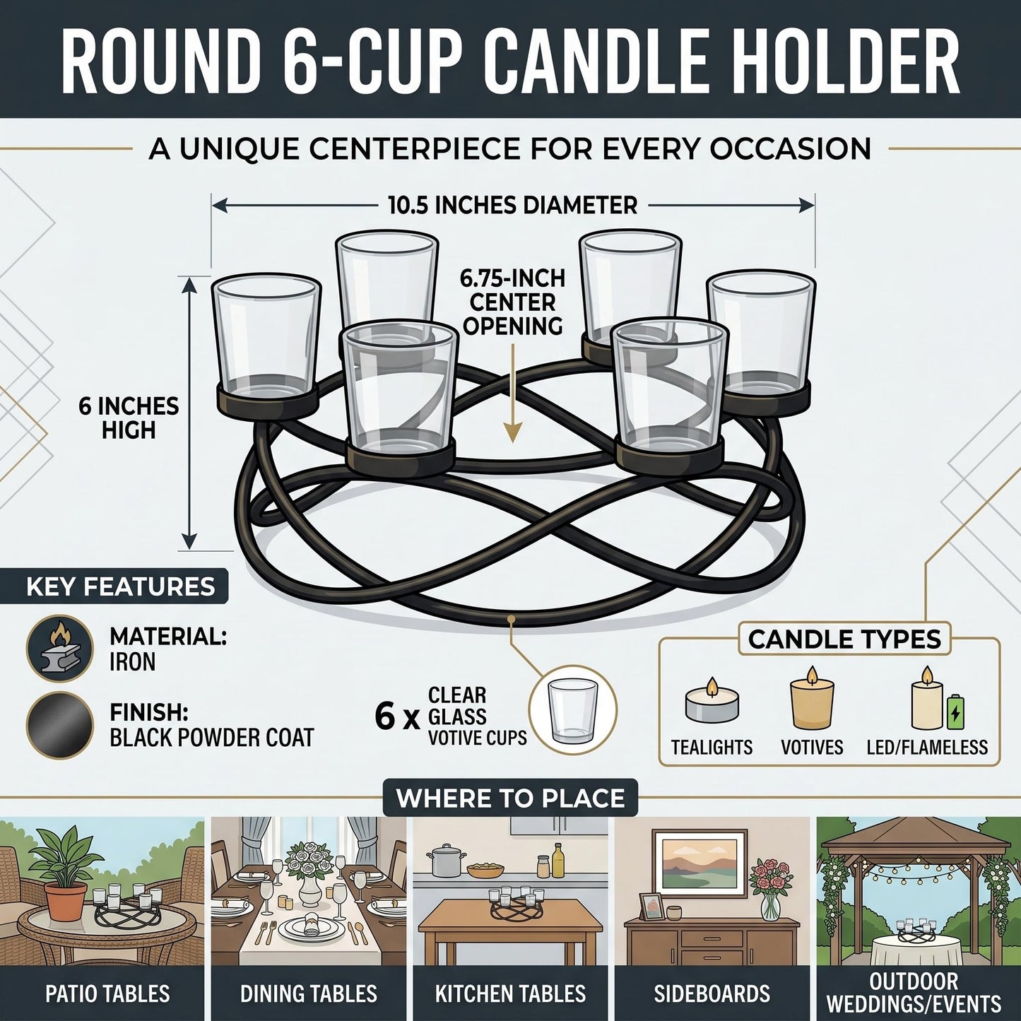 Seraphic Centerpieces for Tables, Votive Candle Holder, 6-Cup, Black/Clear