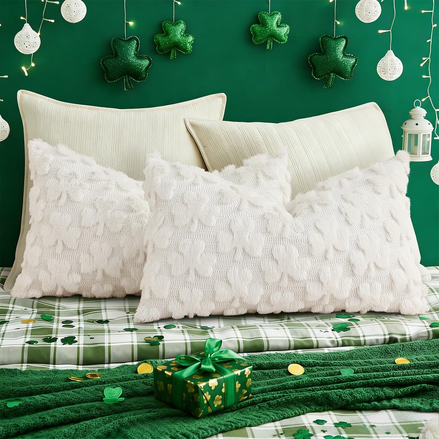 decorUhome St. Patrick’s Day Shamrock Pillow Covers 12x20 Inch Set of 2, Soft Plush Faux Wool Cream White Throw Pillow Covers, Farmhouse Spring Holiday Decor for Sofa Living Room